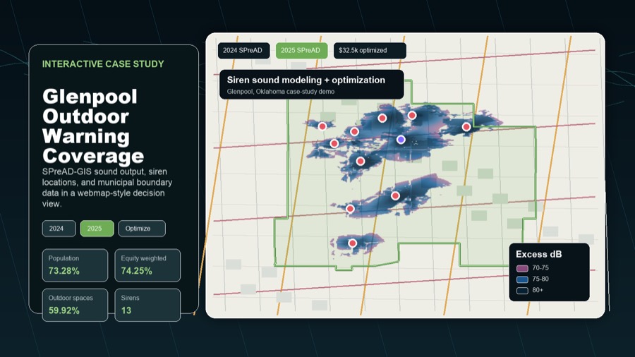 Glenpool outdoor warning webmap preview with modeled sound, siren points, and municipal boundary