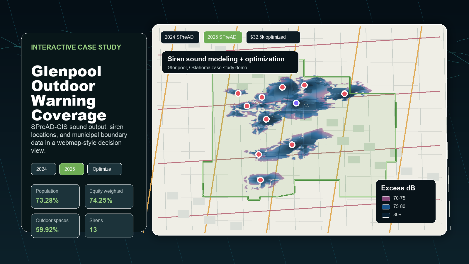 Glenpool outdoor warning webmap preview with modeled sound, siren points, and municipal boundary