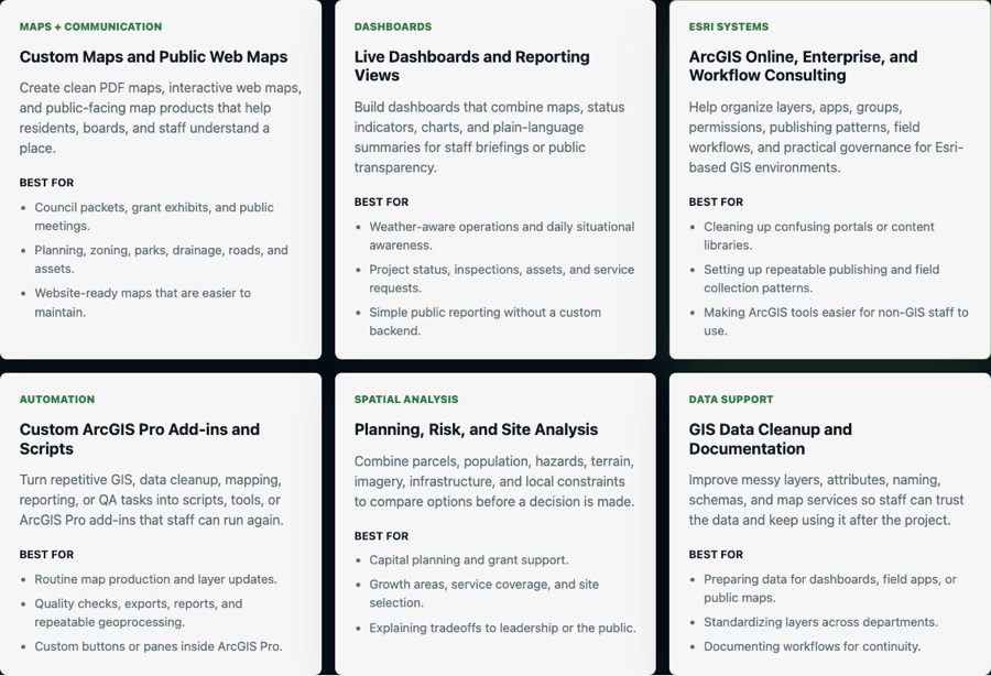 Municipal and county GIS service cards for maps, dashboards, Esri systems, automation, analysis, and data support