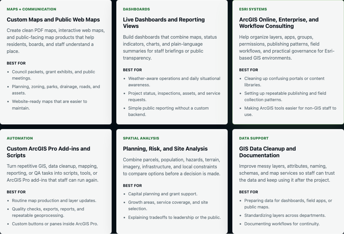 Municipal and county GIS service cards for maps, dashboards, Esri systems, automation, analysis, and data support